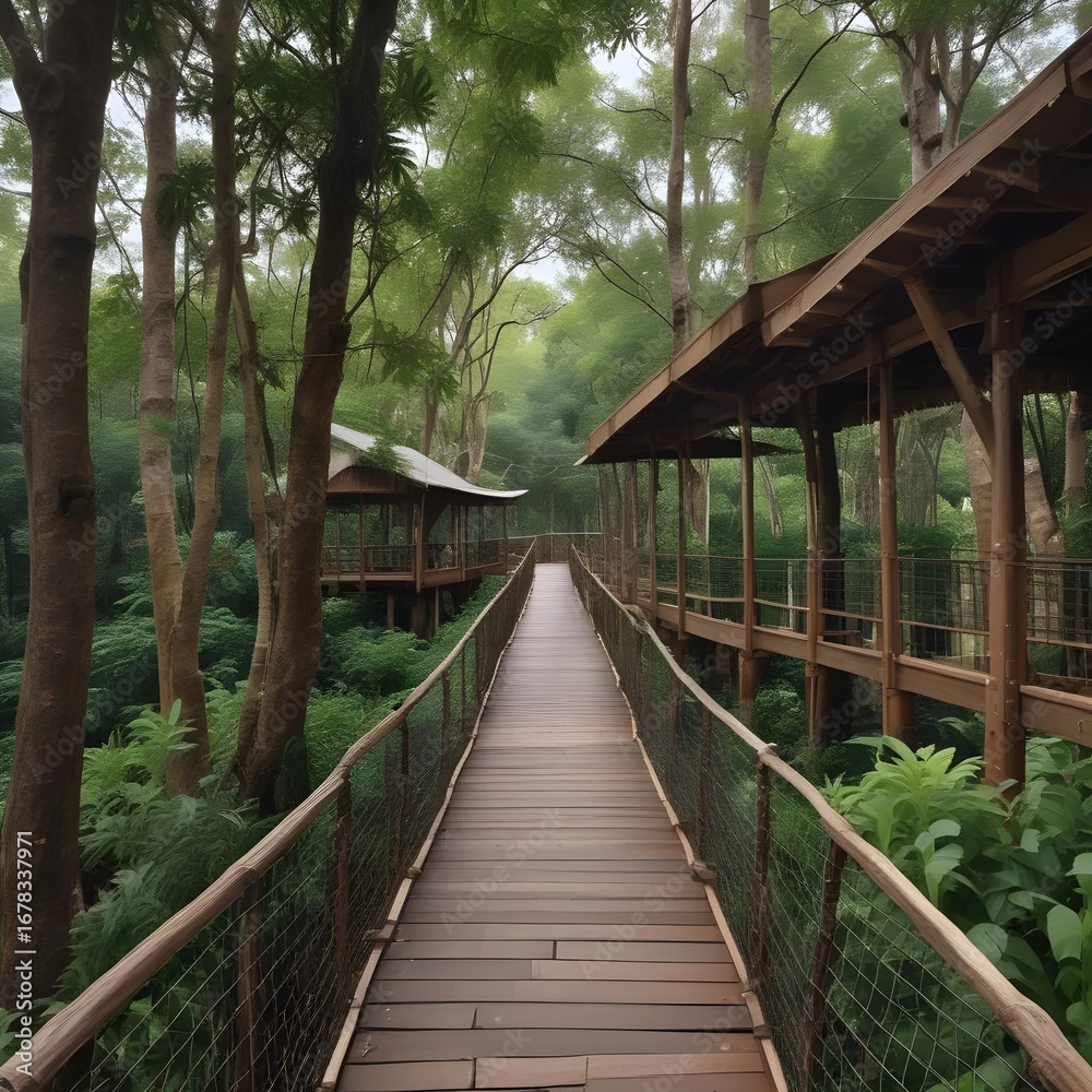 Obraz premium Serene Wooden Bridge Leading to Treehouse Structures in Lush Forest