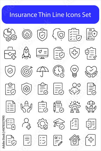 Insurance Thin Line Icons Set – Life, Car, House, Care, Money & Pet Insurance Editable Stroke Collection Vector Illustration