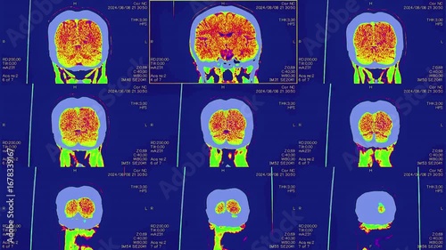 Magnetic resonance images of the head, MRI of the brain,front viev of a patient with multiple vascular infarctions, 3x3 grid and 1 image, color animation Seamless Loop
