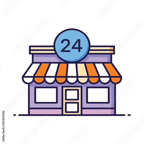 Flat line vector icon of a store open 24 hours. Convenience shop building with an always-on sign for around-the-clock service