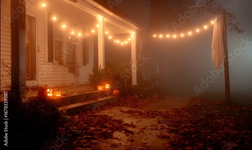 A vintage 1990s photograph of a foggy, atmospheric suburban Halloween nigh