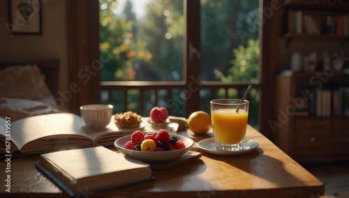 Breakfast in bed with an open book and a vibrant breakfast setting. Sunlight streaming through the window, a cozy and peaceful morning