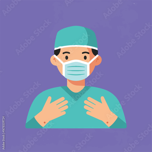 Doctor in scrubs and a mask, ideal for medical, healthcare, pandemic, surgery, profession, covid19, protective measures concepts.