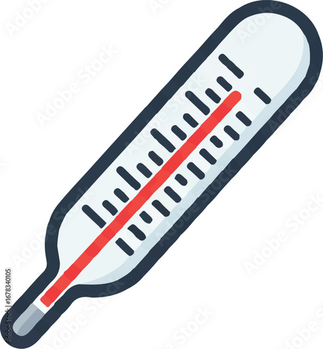 Glass thermometer showing red fluid for temperature readings. Ideal for medical, health, weatherrelated designs, scientific concepts, and educational resources.