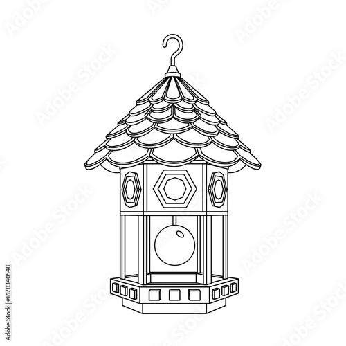 Decorative outdoor garden lantern with traditional pagoda style roof and hanging hook for ambiance and illumination