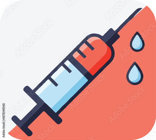 Syringe with droplets on red background, depicts healthcare, medical treatments, vaccination, biotechnology, drug development, pharmaceutical industry concepts.