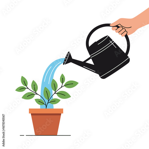 Cultivating growth a hand waters a young plant in a terracotta pot promoting healthy development