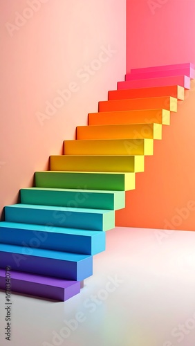 Colorful rainbow stairs in a minimalist room