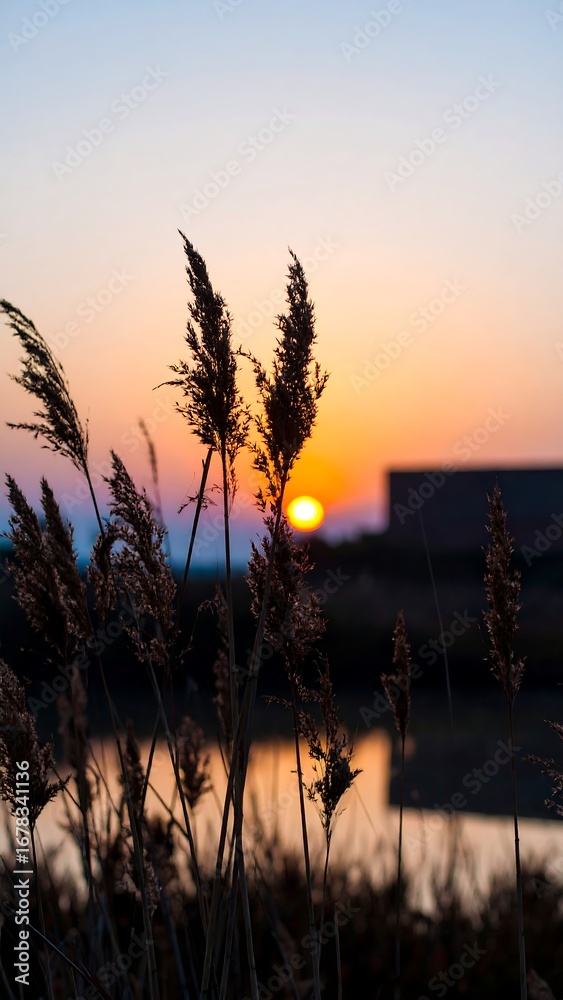 Obraz premium Sunrise over reeds by water
