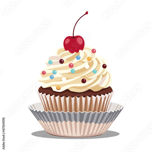 Delicious chocolate cupcake topped with swirls of creamy vanilla frosting and colorful sprinkles a red cherry sits atop the treat