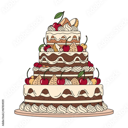 Elegant hand drawn multi tiered chocolate cake decorated with fresh cherries cream swirls and other sweets for special celebrations