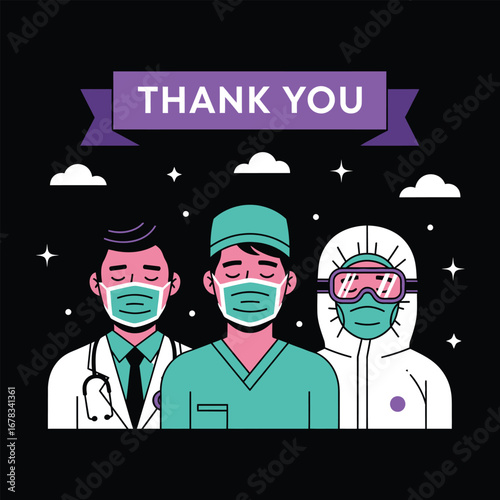 Vector illustration showing heartfelt gratitude for the brave team of doctors, nurses, and essential medical workers on the front line during a health crisis