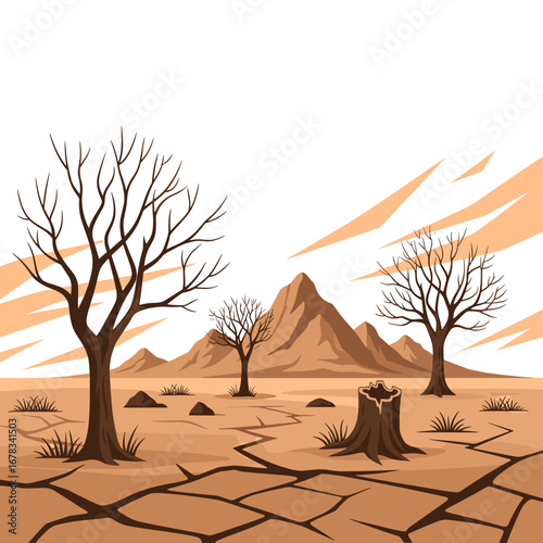 Arid landscape with dead trees and cracked earth symbolizing drought and environmental degradation