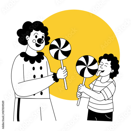 A drawing style illustration showing a clown holding lollipop

