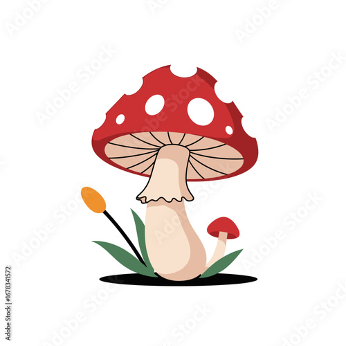Whimsical red mushroom with white spots and a tiny companion growing in green grass with a cattail