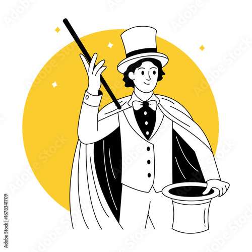 A drawing style illustration showing a magician
