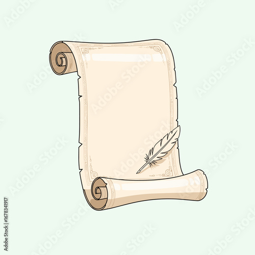 An antique parchment scroll with a quill feather elegantly resting on its surface