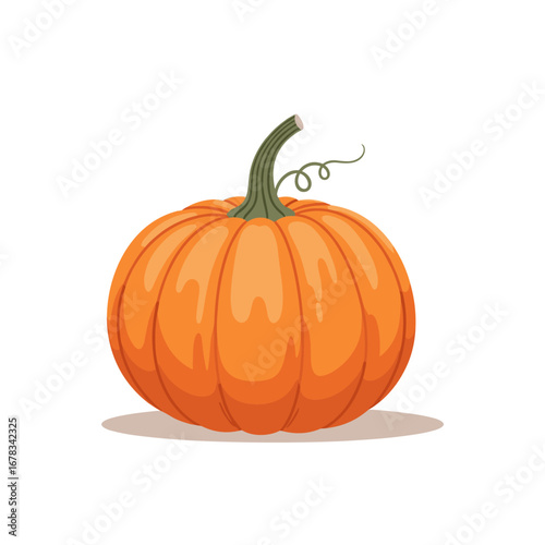 Bright orange pumpkin with green stem and swirling vine ready for autumn harvest celebrations