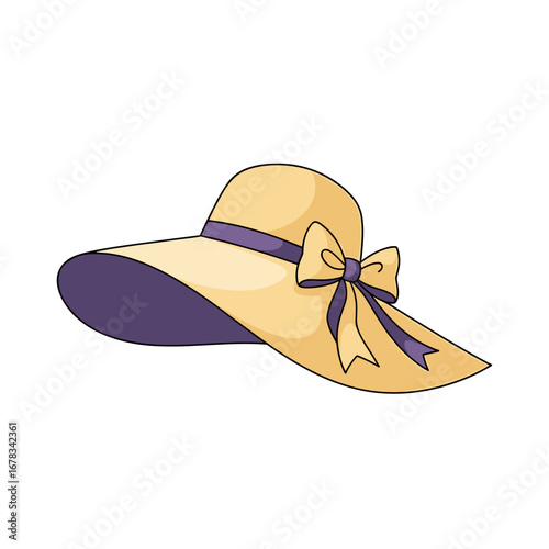 Elegant wide brim sun hat with a beautiful purple ribbon and bow perfect for summer outings and beach vacations
