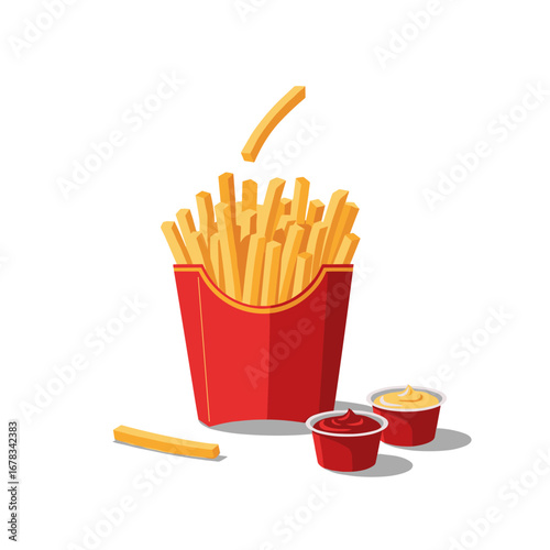 Crispy golden french fries served hot with ketchup and mayonnaise dipping sauces