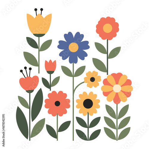 Whimsical mid century modern floral illustration with simple shapes and vibrant colors