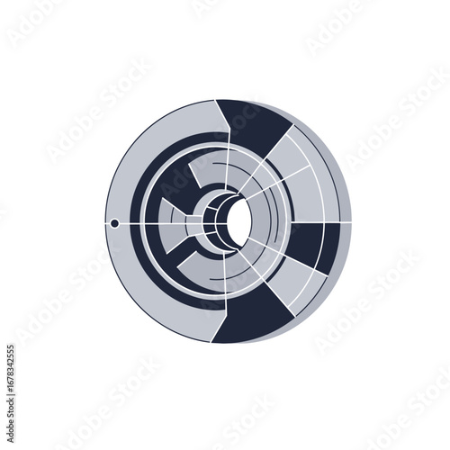 Futuristic circular device with radial design elements and central opening