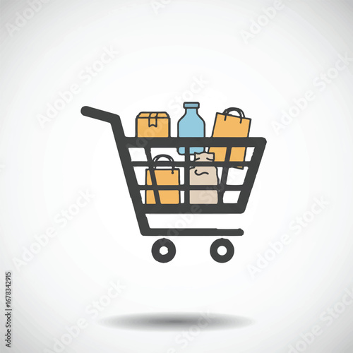 Shopping cart filled with various items inside, perfect for showcasing retail products, online shopping concepts, consumer behavior, and convenience.