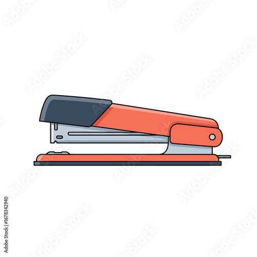A detailed illustration of an orange and gray office stapler for document binding and paper fastening tasks