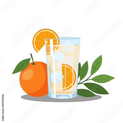 Refreshing citrus beverage with orange slices and ice cubes and green leaves decoration