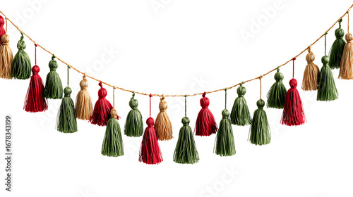 Garland of colorful tassels isolated on transparent background