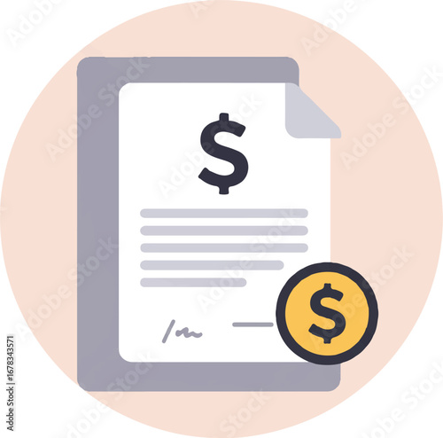 Document with a dollar sign and gold coin suitable for financial concepts, investments, budgets, savings, banking promotions, wealth management.
