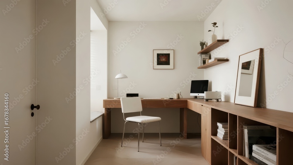 Fototapeta premium A simply - furnished room with furniture such as desks and bookshelves creates a comfortable office and resting space.