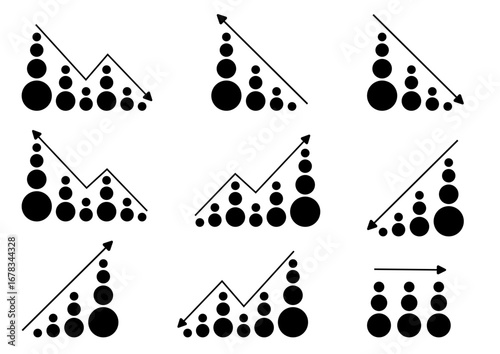 Business Growth and Decline Icon Set with Graphs and Circles. Creative shapes, circles, and arrows used for growth symbols, signs.