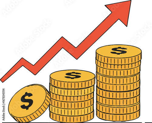 Stacks of coins with a red arrow pointing upward symbolize financial growth. Ideal for finance, investment, success, and growth concepts.