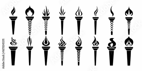 Collection of olympic style torches with stylized flames and decorative shafts in black and white