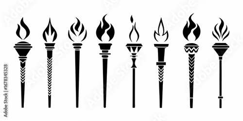 Collection of eight stylized black torches with flames on a white background representing victory and competition