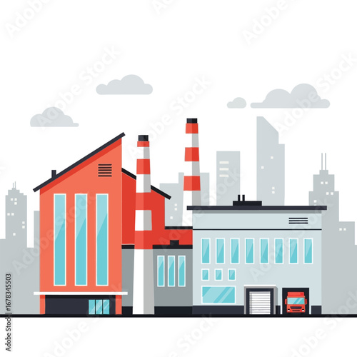 Illustration of an industrial factory building complex with smokestacks set against an urban city skyline in a modern flat design style