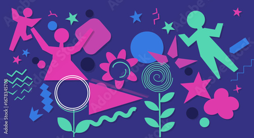 Colorful geometric figures collage, seamless abstract pattern on dark background