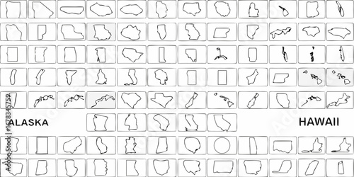 Collection of hand drawn outlines of all united states state shapes and territories