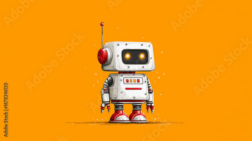 A friendly robot with a simple design features bright eyes and a playful stance, set against a vibrant orange background. This colorful digital creation captures a sense of whimsy and innovation.