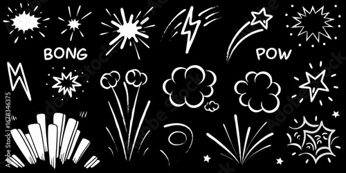 Collection of hand drawn white comic book style sound effects and graphic elements on a black background