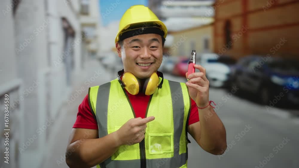 Smiling asian man wearing safety vest and hardhat points at electronic device on urban street with cars in background daytime setting urban theme outdoor portrait works