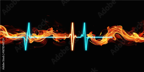 Vibrant abstract flames of red and yellow glow against a backdrop of red and green smoke creating a fiery inferno