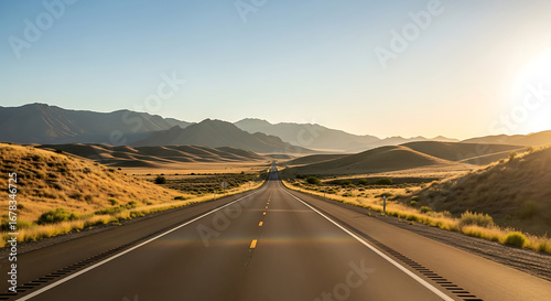 Wallpaper Mural An endless, straight highway stretches through a sun-drenched desert landscape, leading towards distant, hazy mountains under a clear sky Torontodigital.ca
