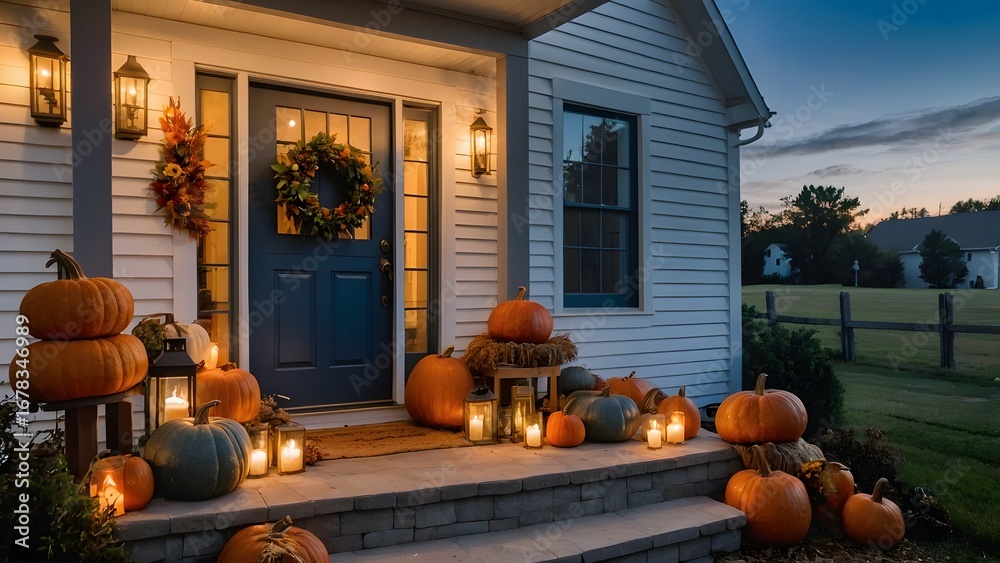 Obraz premium Cozy Autumn Farmhouse Porch with Pumpkins, Lantern, and Wreath at Golden Hour