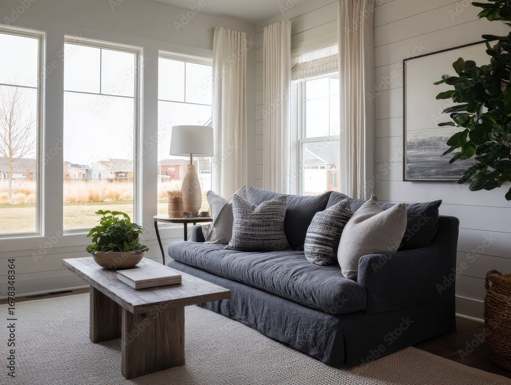 Fototapeta premium A cozy living room featuring a large, dark-gray sofa, a light-brown wooden coffee table, and large windows overlooking a peaceful landscape.