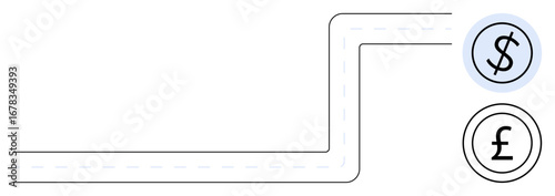 Straight and curved road leading to dollar and pound icons. Ideal for finance, global economy, currency conversion, money transfer, trade, travel, savings, and simple flat metaphor