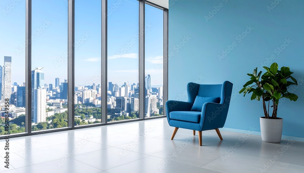 Fototapeta premium Modern minimalist interior with city view