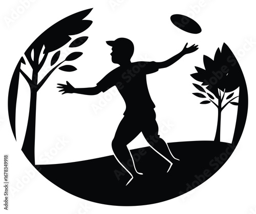 Silhouette of a man playing frisbee in a park on a sunny day
