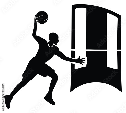 Silhouette of basketball player performing a layup near basketball hoop logo